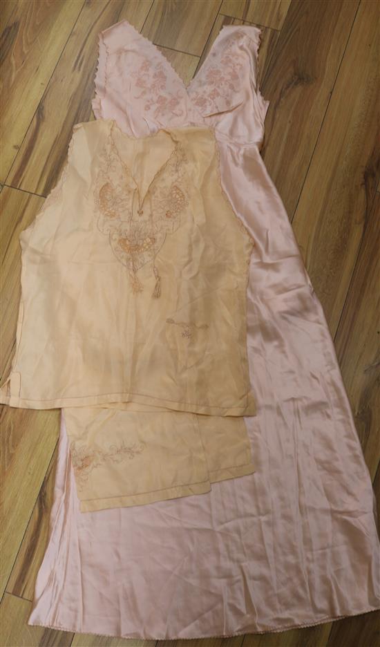 A pair of Chinese silk pyjamas, satin nightie etc.